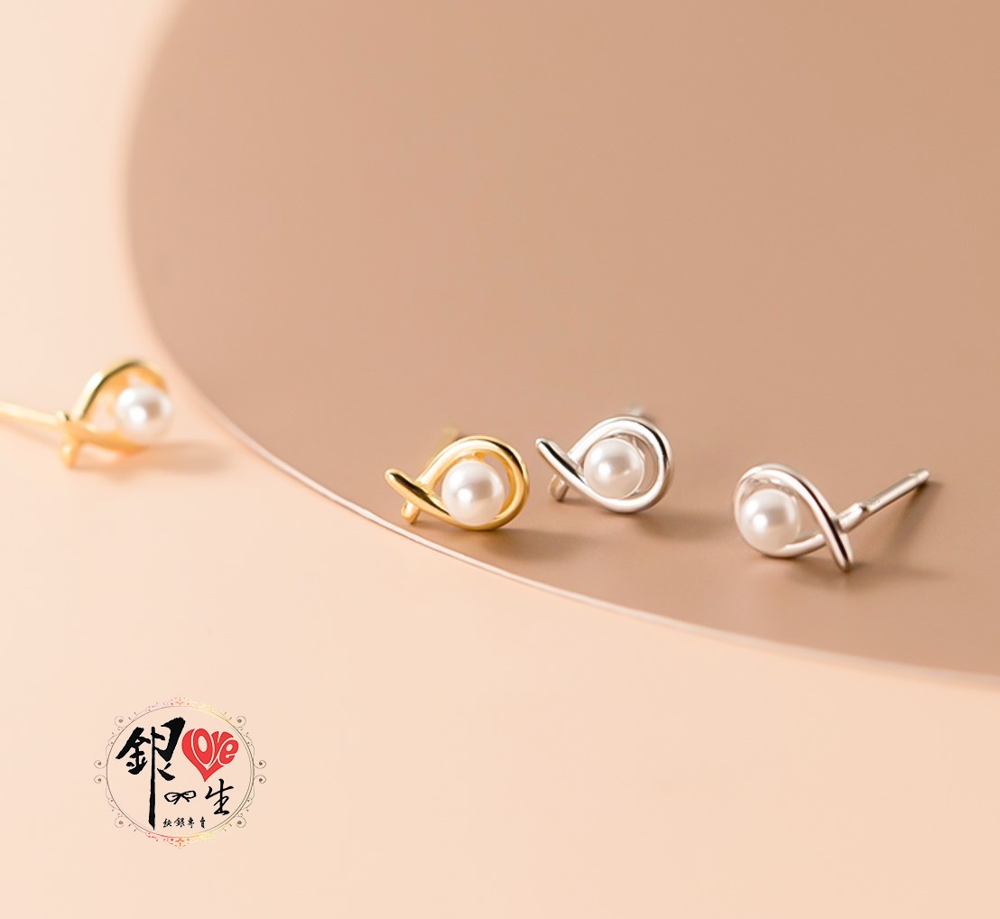 s925純銀 貝珠 耳釘 法式 復古 魚兒