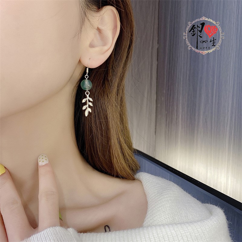  s925純銀 綠石 小葉 耳墜式 造型 耳環