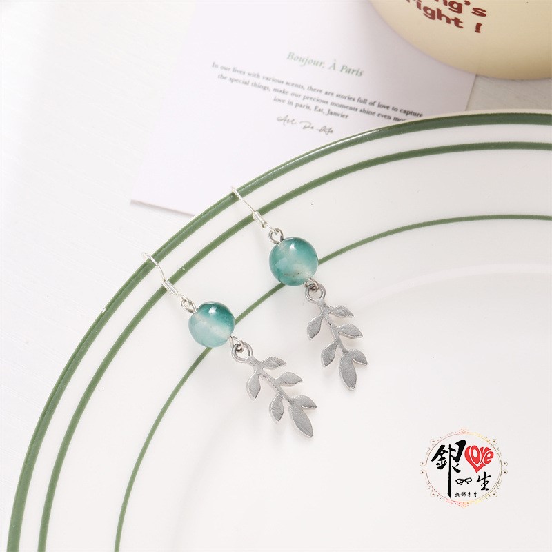  s925純銀 綠石 小葉 耳墜式 造型 耳環