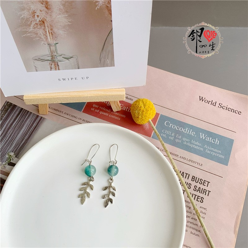  s925純銀 綠石 小葉 耳墜式 造型 耳環