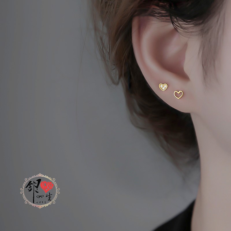 s925純銀 愛心 簡約 不對稱 耳環 