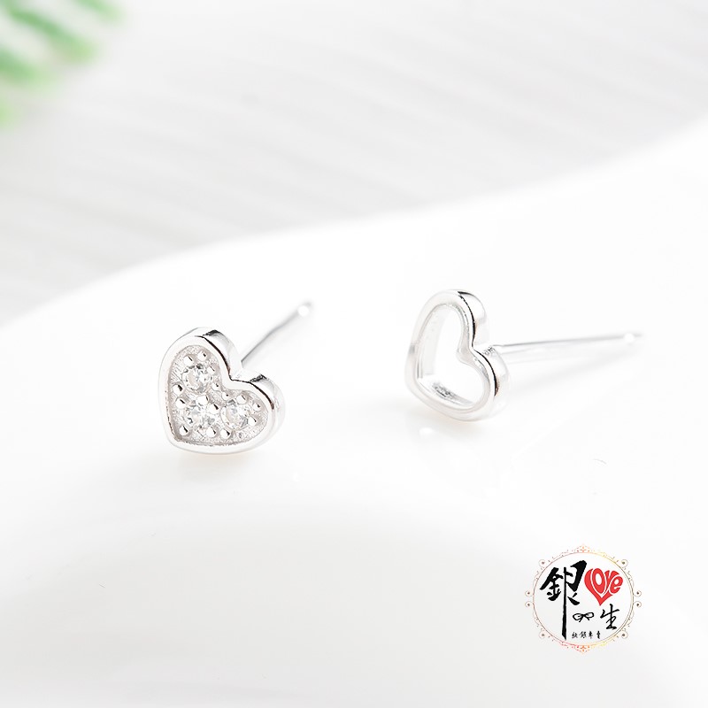 s925純銀 愛心 簡約 不對稱 耳環 