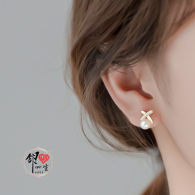 s925純銀 天然珍珠 交叉 高級感耳環