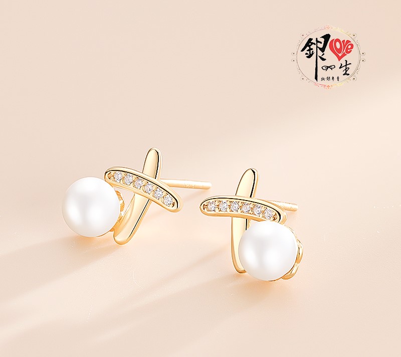 s925純銀 天然珍珠 交叉 高級感耳環