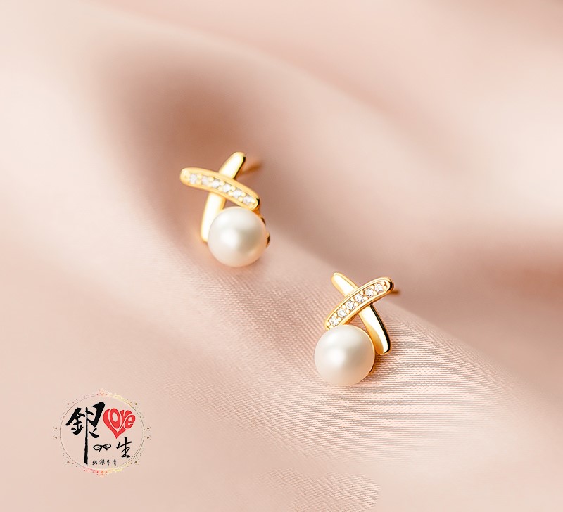 s925純銀 天然珍珠 交叉 高級感耳環