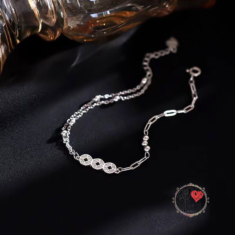 s925純銀 不對稱 雙層 銅錢造型 招財 好運 手鍊