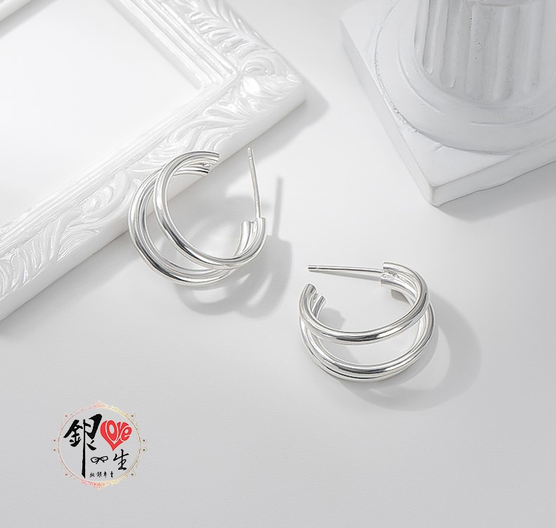 s925純銀  歐美浮誇三圈  耳針式 耳環