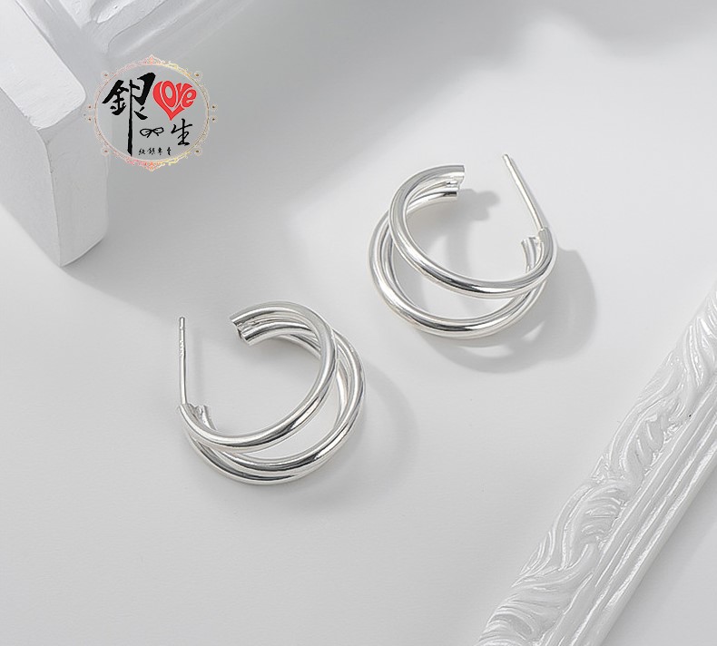 s925純銀  歐美浮誇三圈  耳針式 耳環