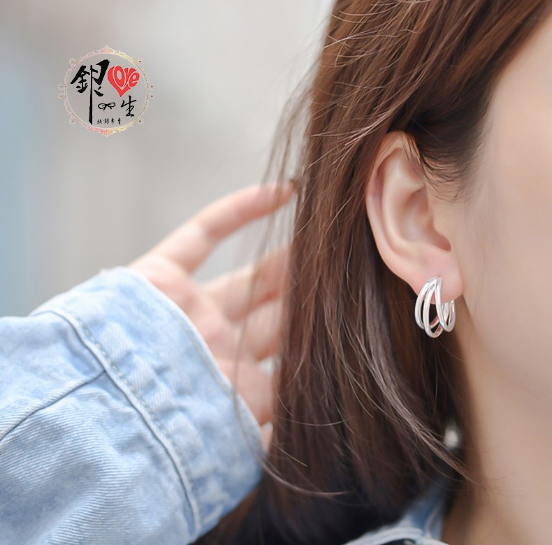 s925純銀  歐美浮誇三圈  耳針式 耳環