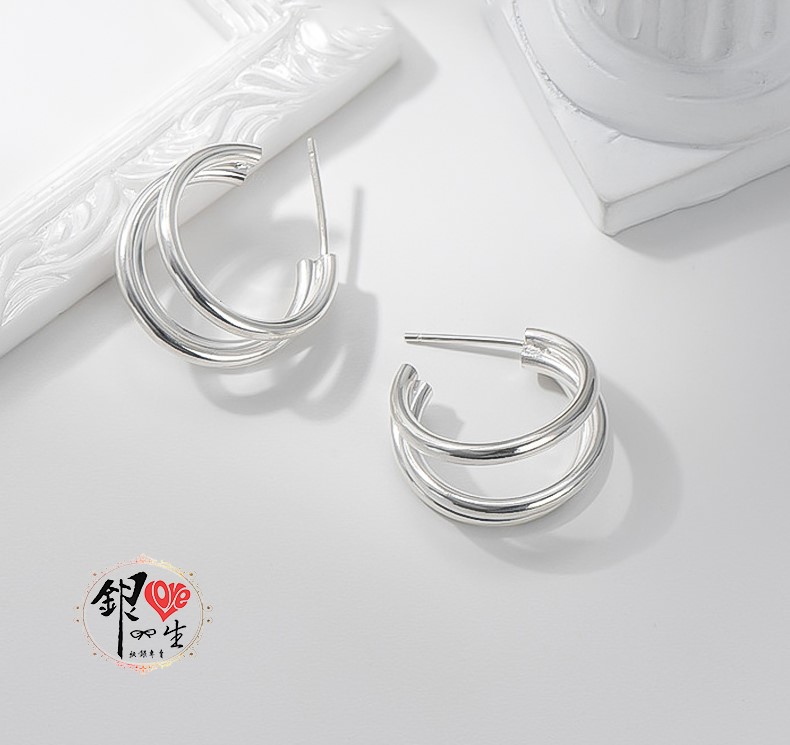 s925純銀  歐美浮誇三圈  耳針式 耳環