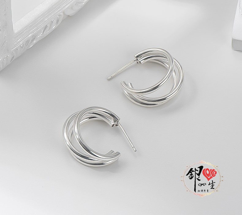 s925純銀  歐美浮誇三圈  耳針式 耳環