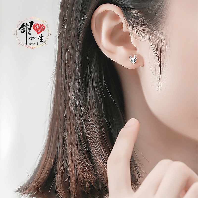 s925純銀耳釘  簡約閃鑽 鹿角 耳釘式 耳環