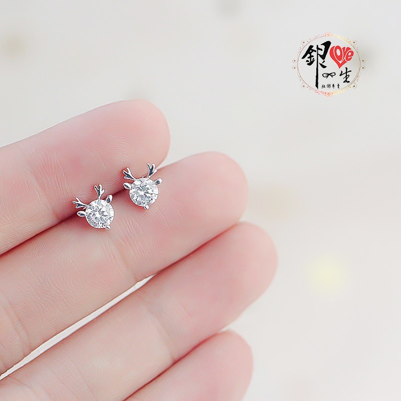 s925純銀耳釘  簡約閃鑽 鹿角 耳釘式 耳環