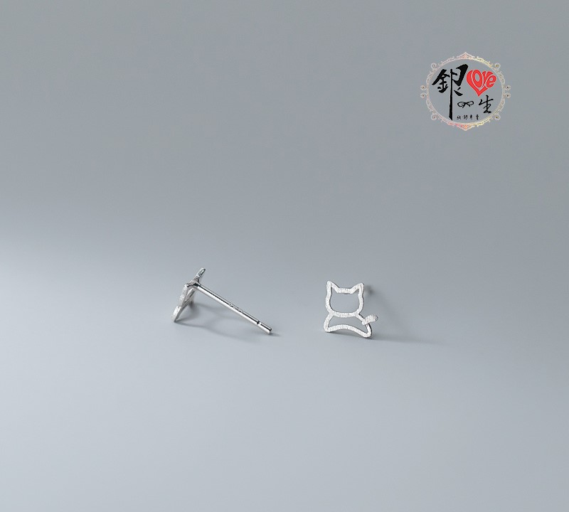 s925純銀耳釘  簡約貓咪 磨砂 耳釘式 耳環