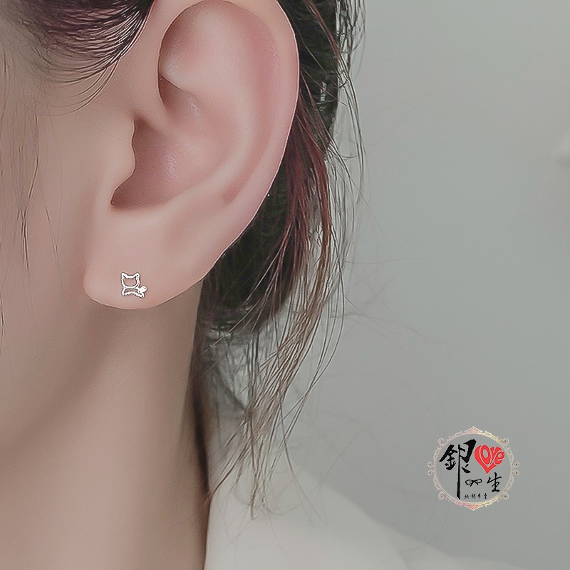 s925純銀耳釘  簡約貓咪 磨砂 耳釘式 耳環
