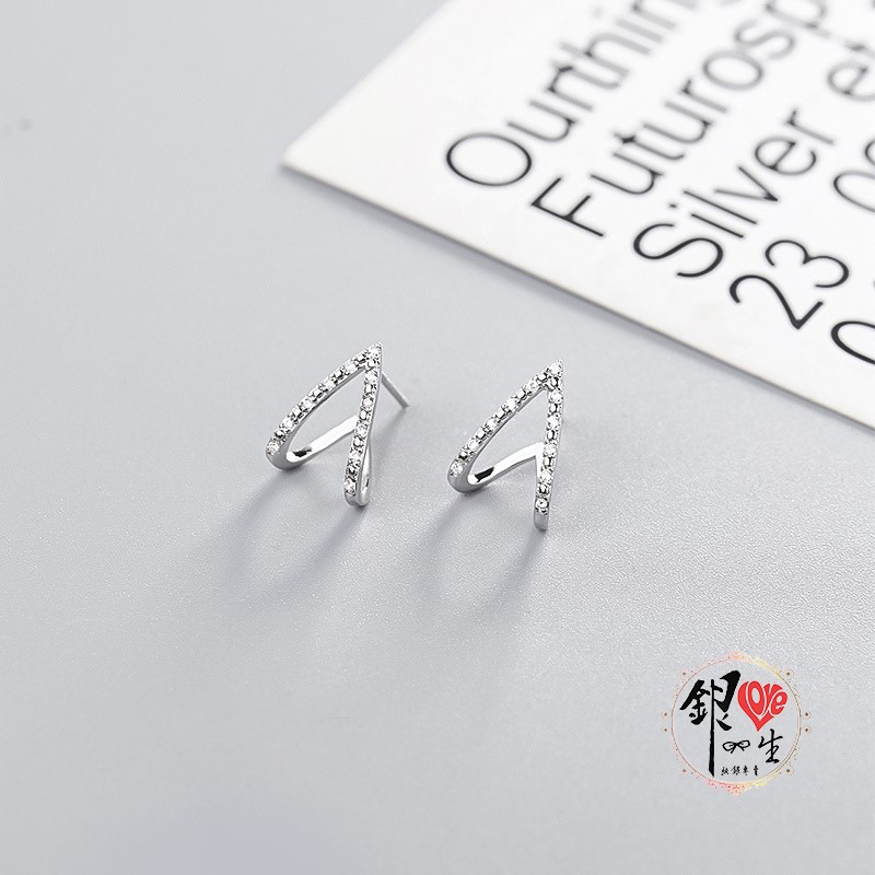 s925純銀  滿鑽 三角浮誇  耳針式 耳環 