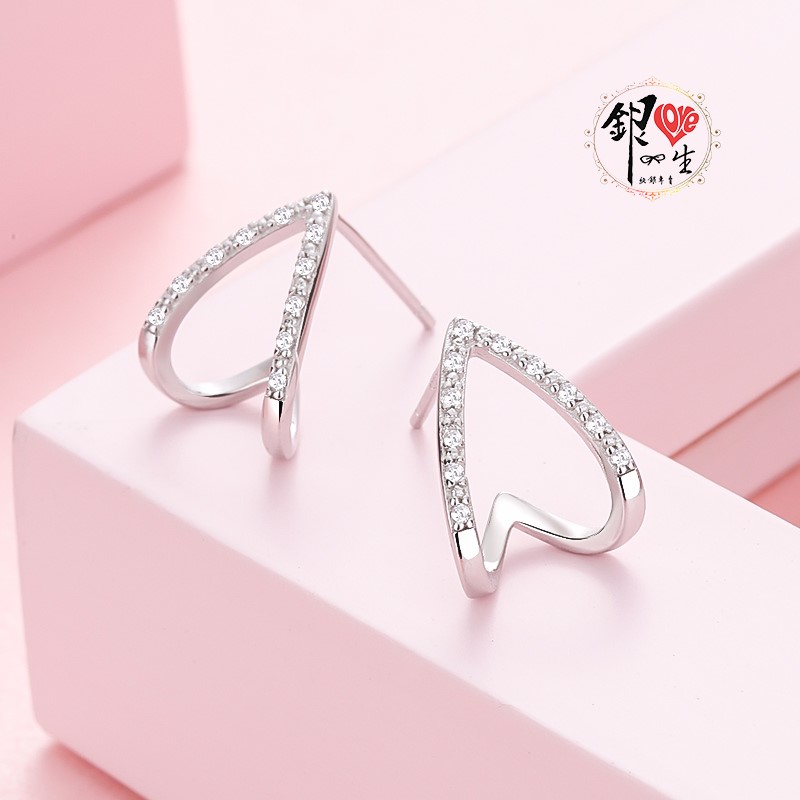 s925純銀  滿鑽 三角浮誇  耳針式 耳環 