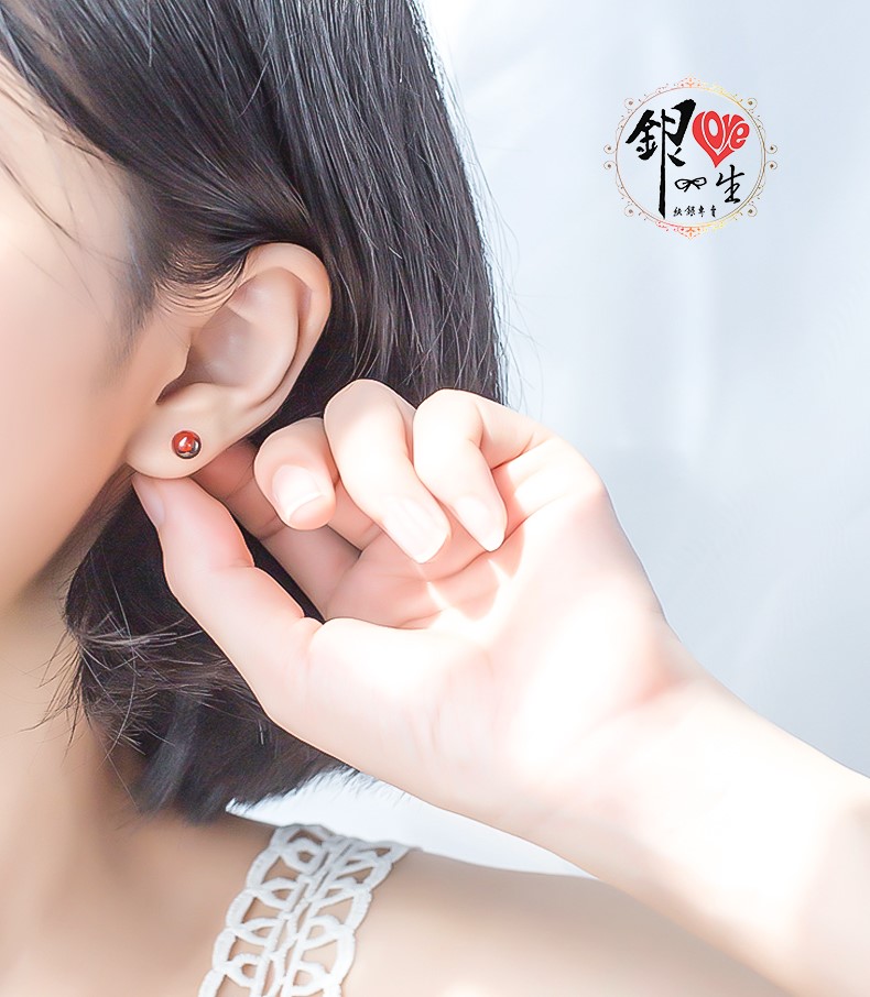 s925純銀 紅石榴石 簡約  耳釘式 耳環