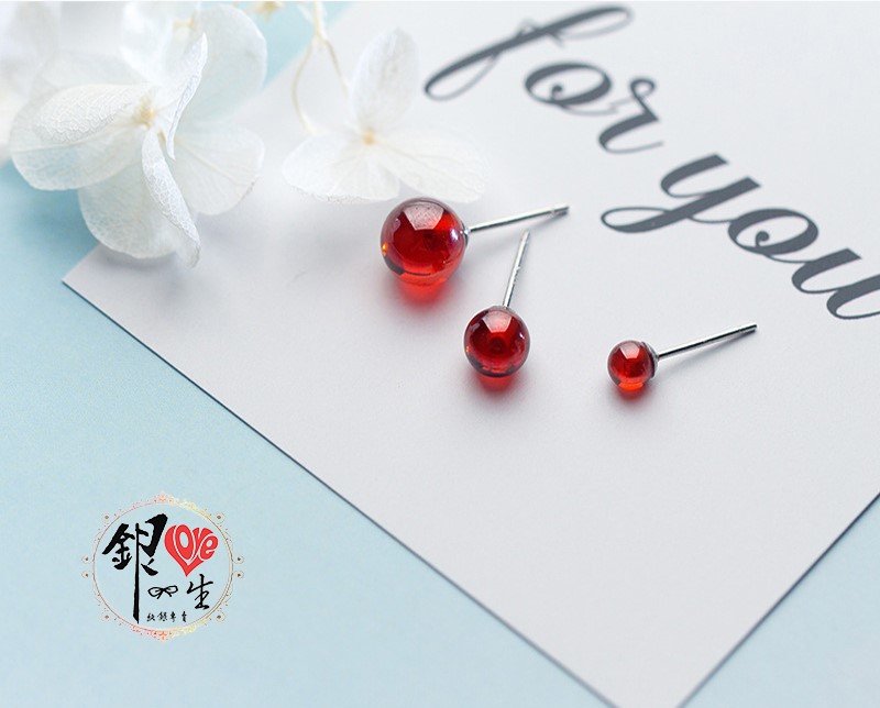 s925純銀 紅石榴石 簡約  耳釘式 耳環