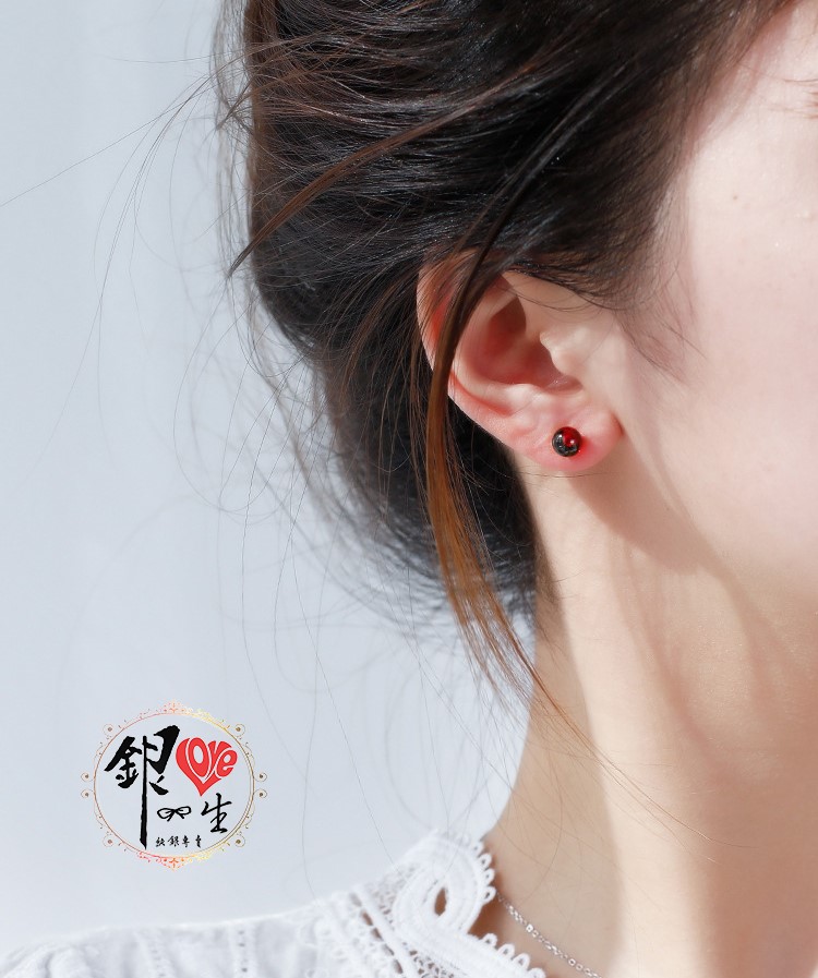 s925純銀 紅石榴石 簡約  耳釘式 耳環