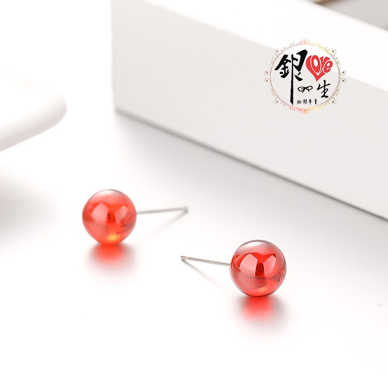 s925純銀 紅石榴石 簡約  耳釘式 耳環