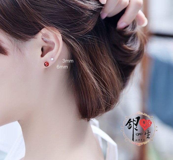 s925純銀 紅石榴石 簡約  耳釘式 耳環