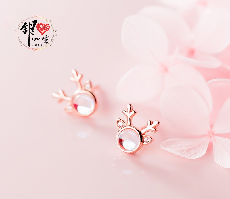 s925純銀耳釘  一鹿有你 月光石 耳釘式 耳環