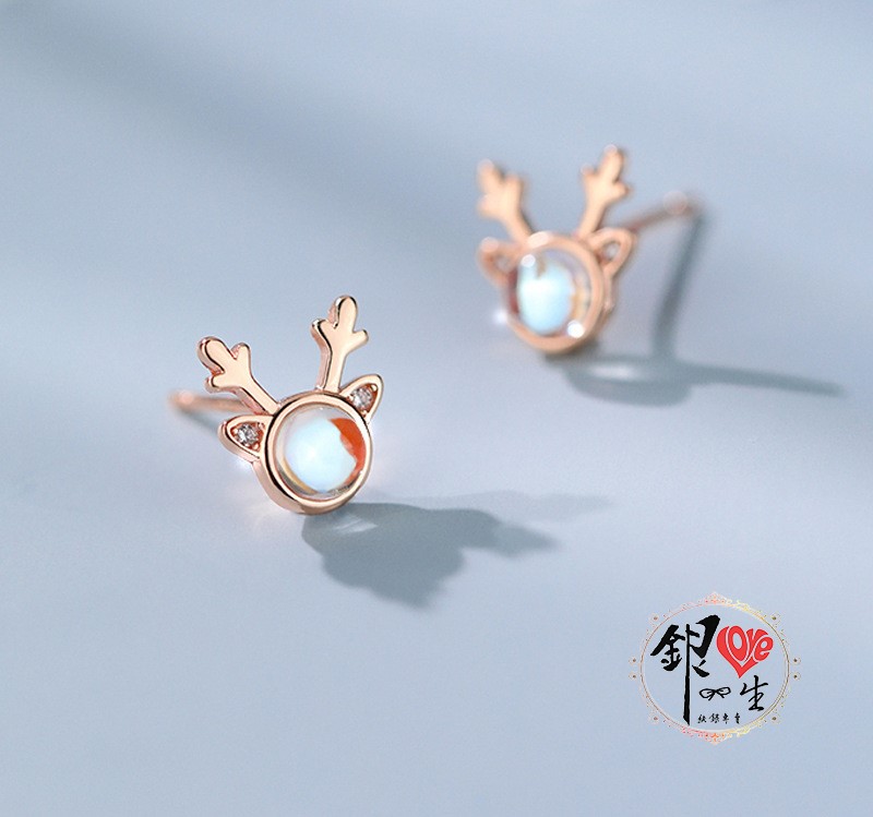 s925純銀耳釘  一鹿有你 月光石 耳釘式 耳環