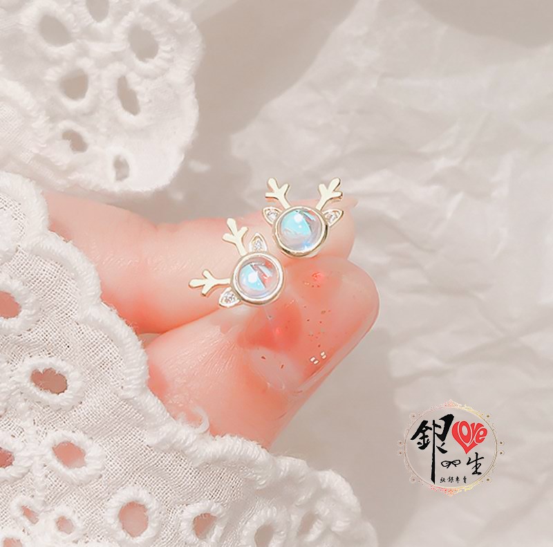 s925純銀耳釘  一鹿有你 月光石 耳釘式 耳環