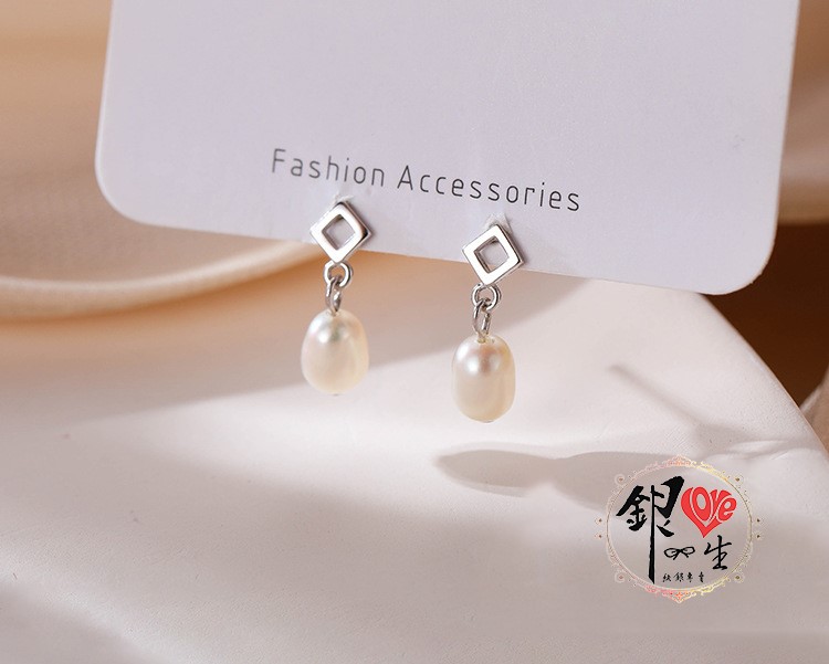 s925純銀 天然珍珠 菱形 垂墜 耳針式 耳環