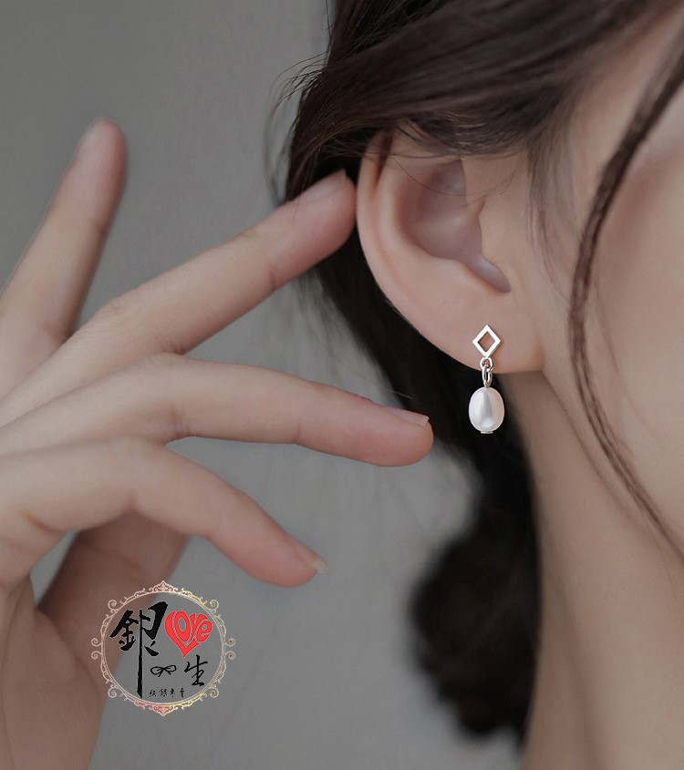 s925純銀 天然珍珠 菱形 垂墜 耳針式 耳環