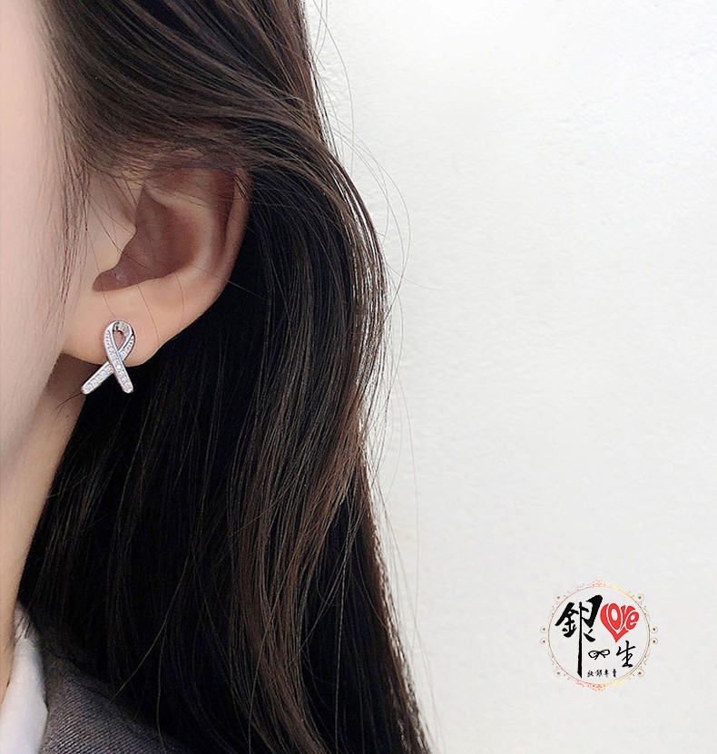 s925純銀 平安結 交叉 滿鑽 耳釘式 耳環