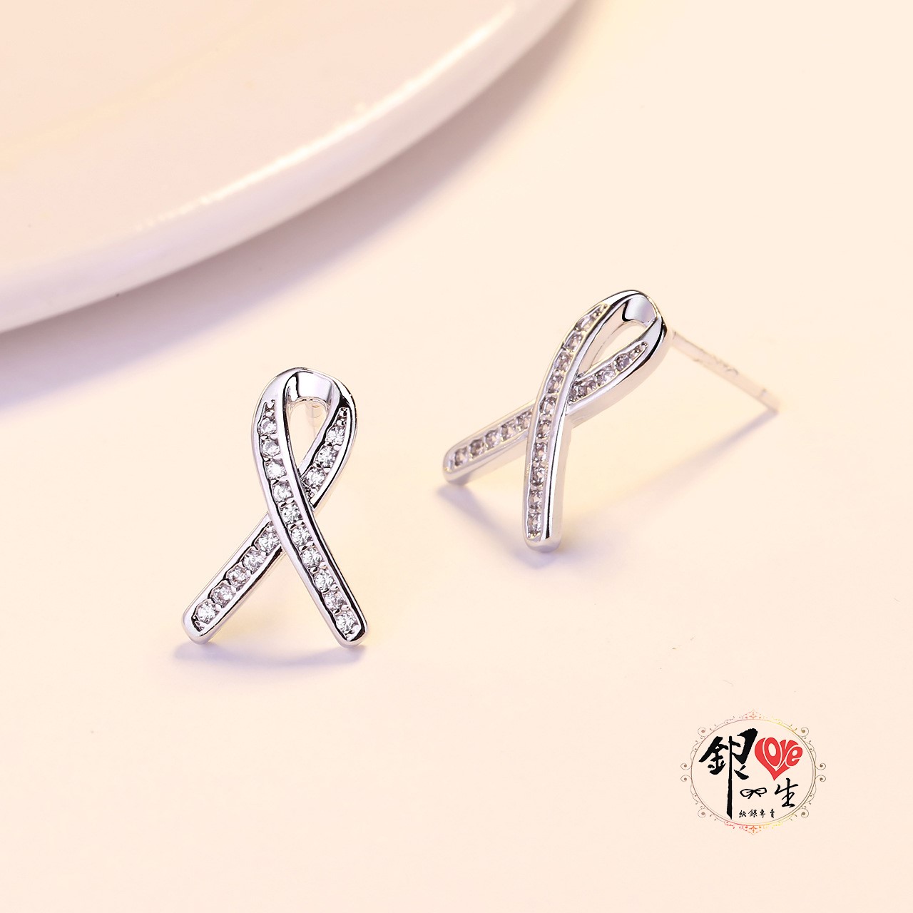 s925純銀 平安結 交叉 滿鑽 耳釘式 耳環