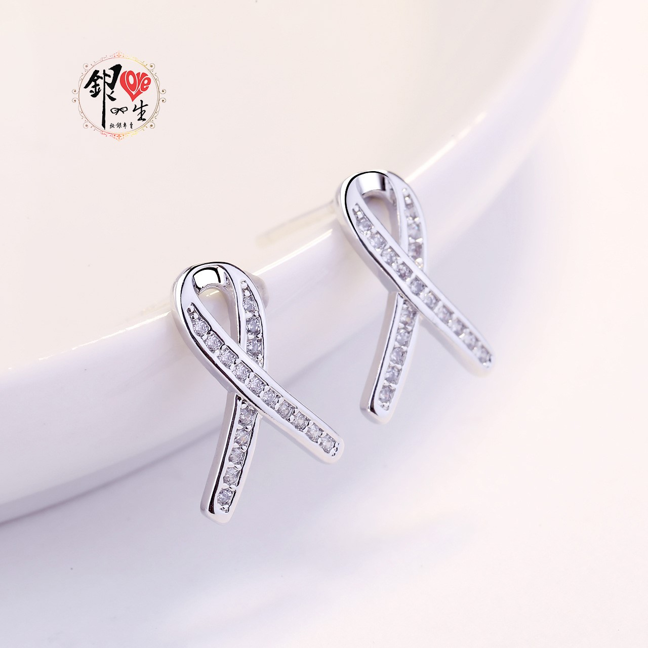 s925純銀 平安結 交叉 滿鑽 耳釘式 耳環