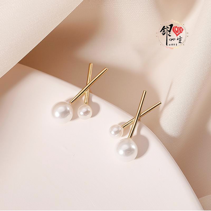  s925純銀 貝珠 金色交織 耳釘式 耳環