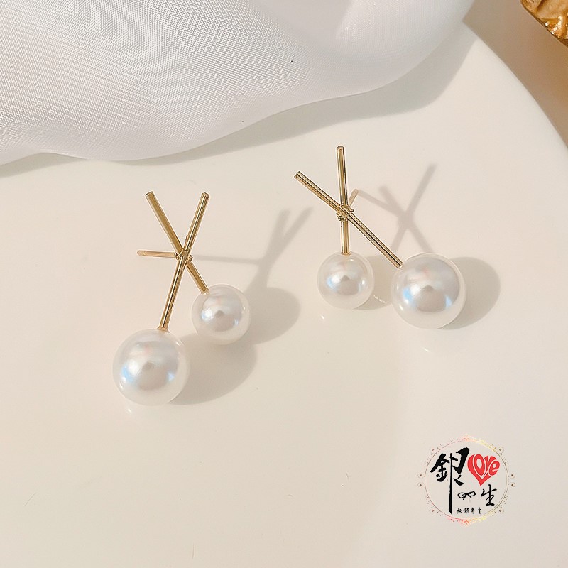  s925純銀 貝珠 金色交織 耳釘式 耳環