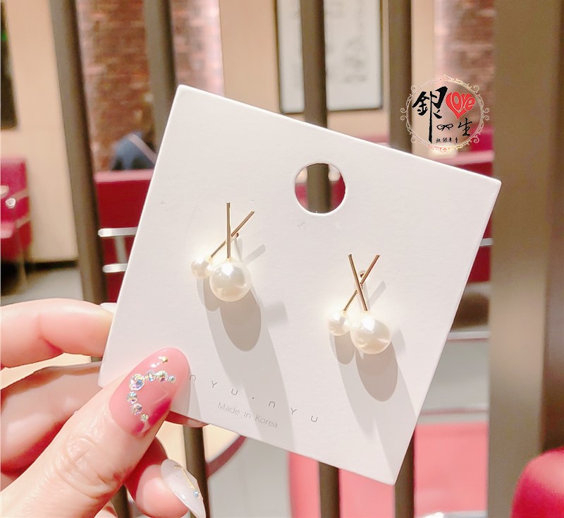  s925純銀 貝珠 金色交織 耳釘式 耳環