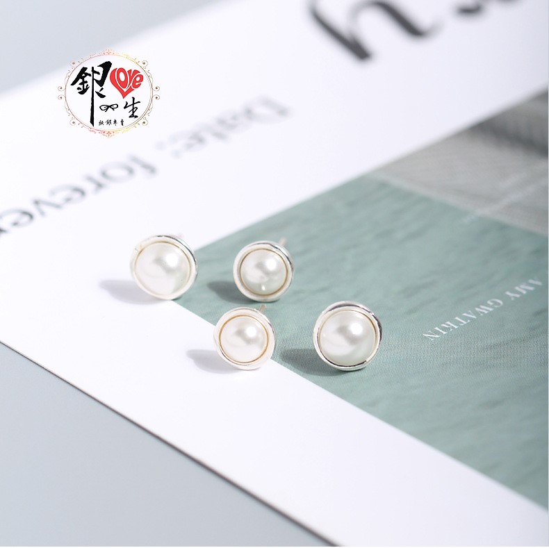 s925純銀 半圓貝珠 耳釘式 耳環