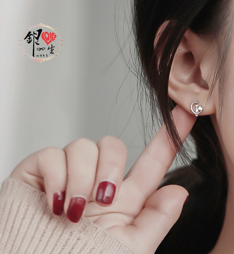  s925純銀 月亮貓咪 耳釘式 耳環