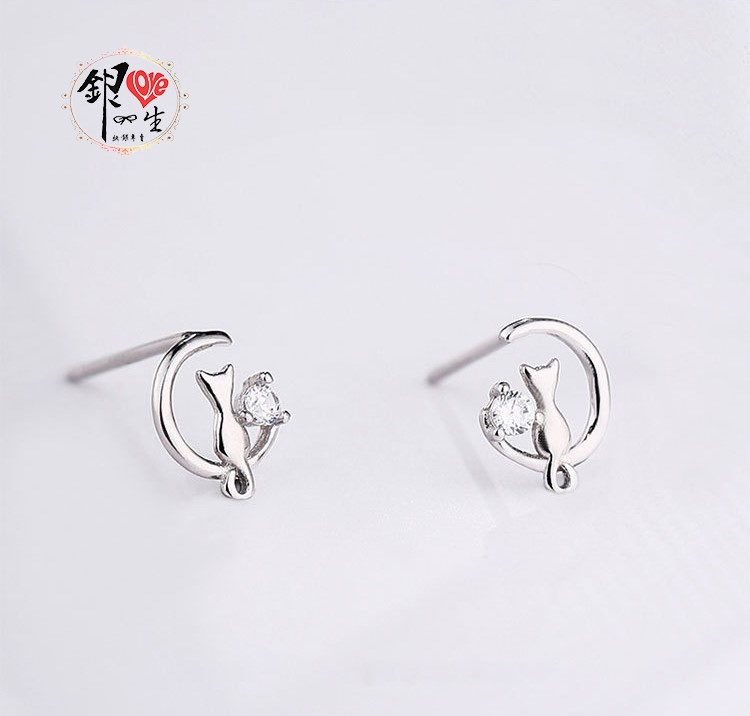  s925純銀 月亮貓咪 耳釘式 耳環
