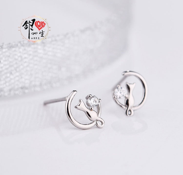  s925純銀 月亮貓咪 耳釘式 耳環
