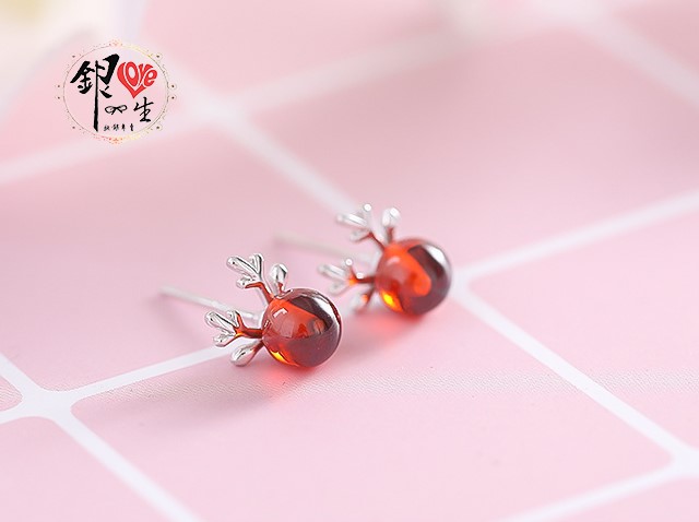 s925純銀  一鹿有你 紅石榴石 耳釘式 耳環