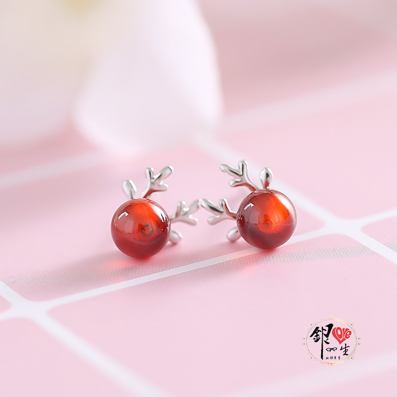 s925純銀  一鹿有你 紅石榴石 耳釘式 耳環