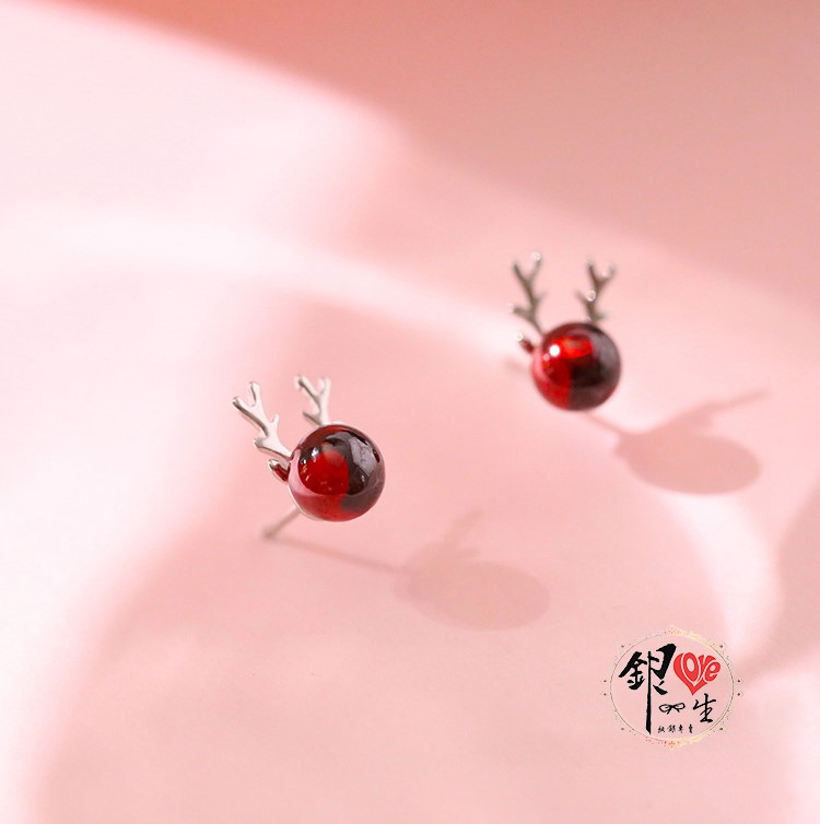 s925純銀  一鹿有你 紅石榴石 耳釘式 耳環