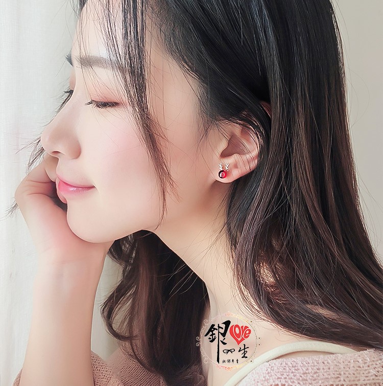 s925純銀  一鹿有你 紅石榴石 耳釘式 耳環