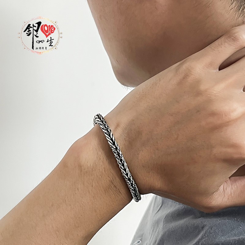 925純銀 復古 個性 粗麻花 男 手鍊