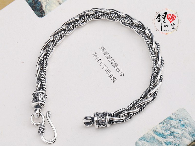 925純銀 復古 個性 粗曠 麻花 編織 男 手鍊 