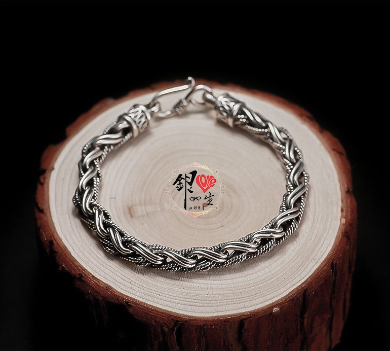 925純銀 復古 個性 粗曠 麻花 編織 男 手鍊 