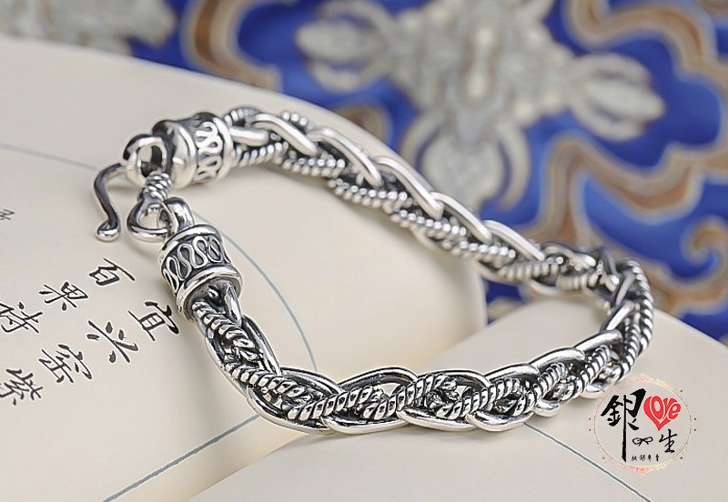 925純銀 復古 個性 粗曠 麻花 編織 男 手鍊 