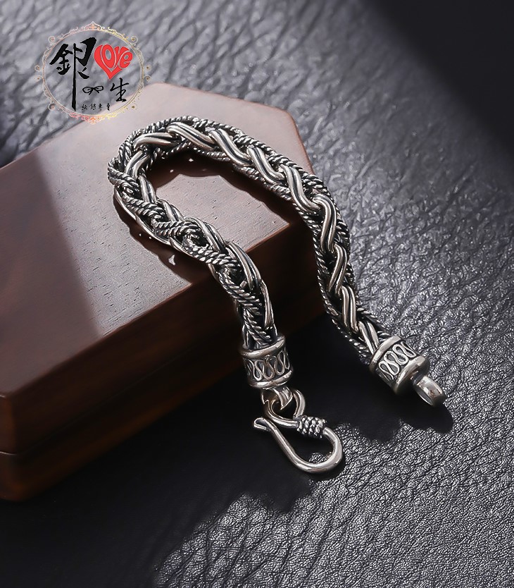 925純銀 復古 個性 粗曠 麻花 編織 男 手鍊 